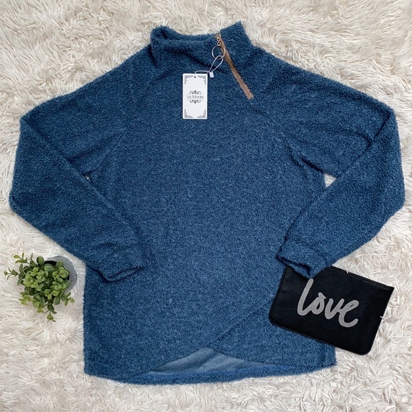 LaMode Fleece Zip Neck Pullover 💗 Blue - Picture 3 of 15
